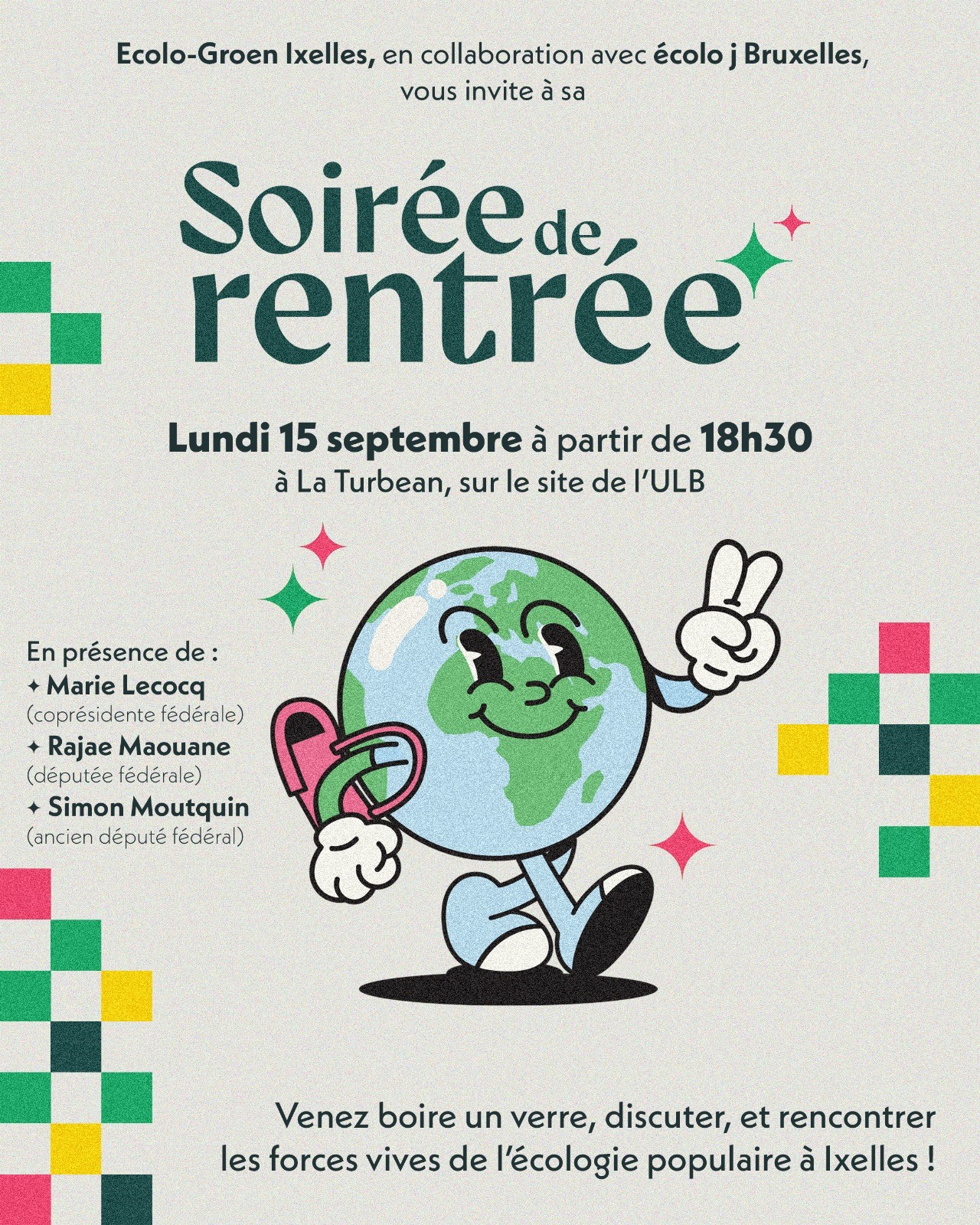 Affiche de la soirée de rentrée d'Ecolo Ixelles