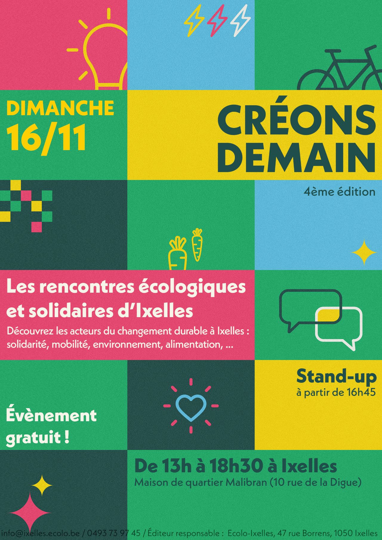 Flyer du Festival CRÉONS DEMAIN à Ixelles, 4e édition le 16 novembre à la Maison de quartier Malibran à Ixelles, avec rencontres écologiques, stand-up et animations gratuites